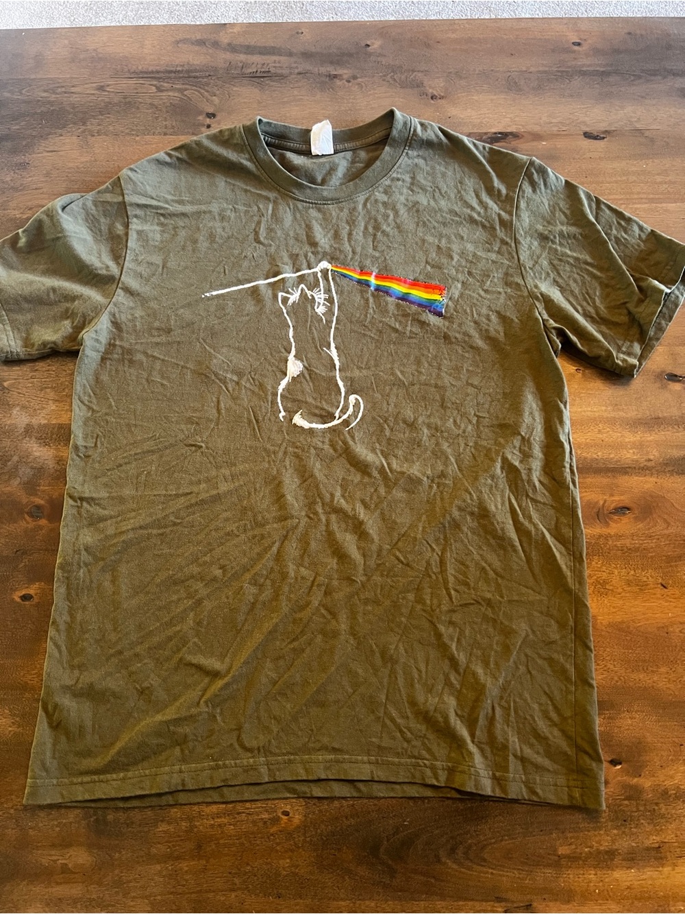 Olive Green Cat Rainbow Graphic T-Shirt Size Large